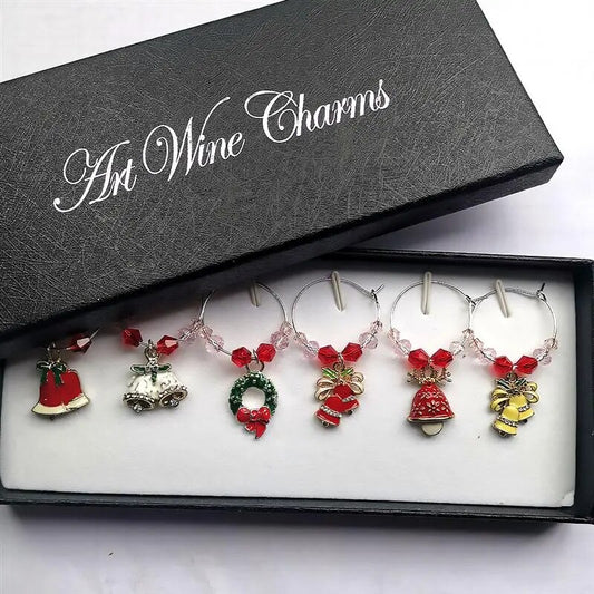 6pcs Wine Glass Charms, Bells and Wreaths.